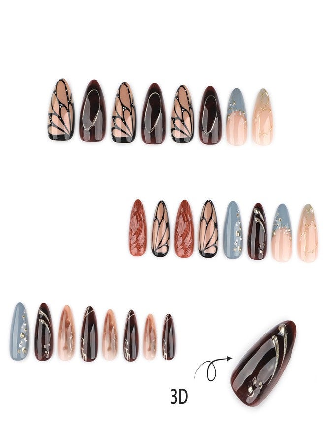 CTTHNBD Press on Nails Almond - Medium Fake Nails with Gold Line Rhinestone Design - Winter False Nails Press Ons - for Women Manicure 24 Pcs - Image 4